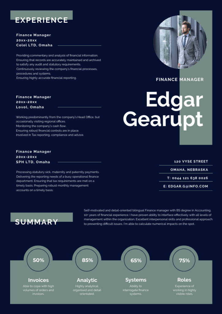 Finance Manager Professional profile Resume Design Template