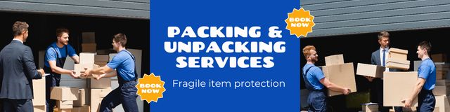 Packing and Unpacking Services Ad with Men holding Boxes Twitter Design Template