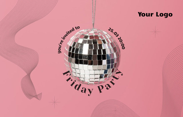 Friday Party Announcement with Disco Ball in Pink Invitation 4.6x7.2in Horizontal Tasarım Şablonu