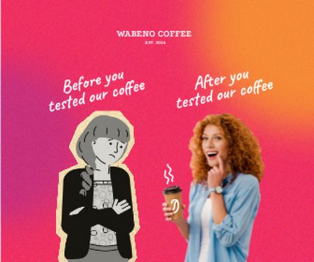 Funny Coffeeshop Promotion with Woman holding Cup Large Rectangle Tasarım Şablonu