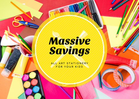 School Supplies Sale with Colorful Stationery Flyer A6 Horizontal Design Template
