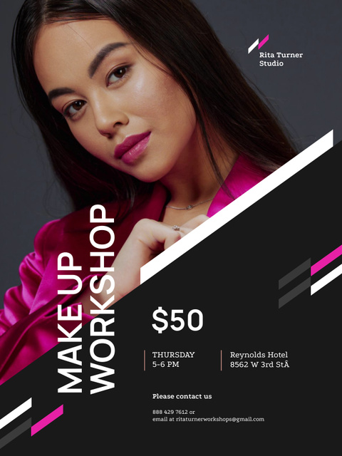 Ontwerpsjabloon van Poster US van Makeup Workshop with Young Attractive Woman in Pink