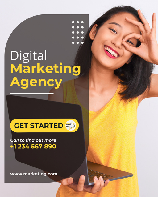 Digital Marketing Services with Smiling Woman with Laptop Instagram Post Vertical Πρότυπο σχεδίασης