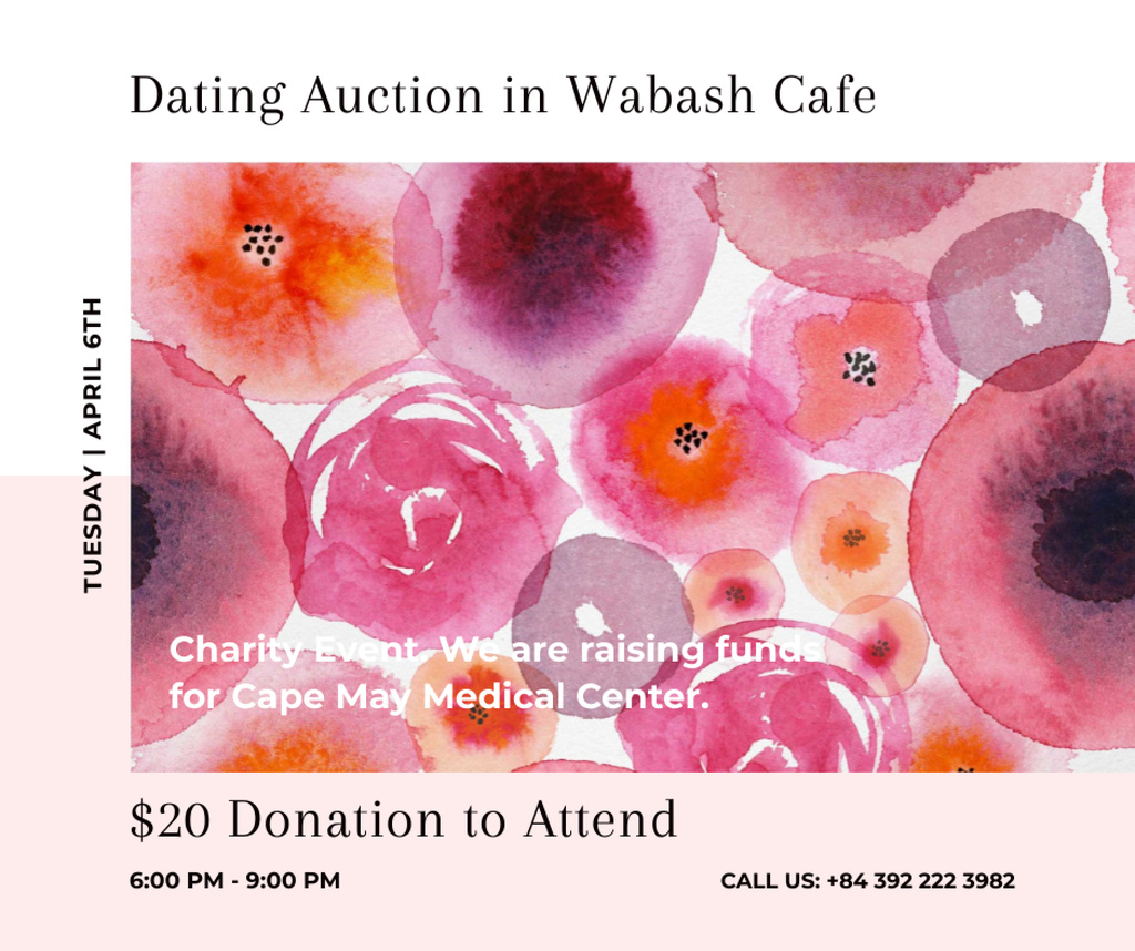 Ontwerpsjabloon van Facebook van Dating Auction announcement on pink watercolor Flowers