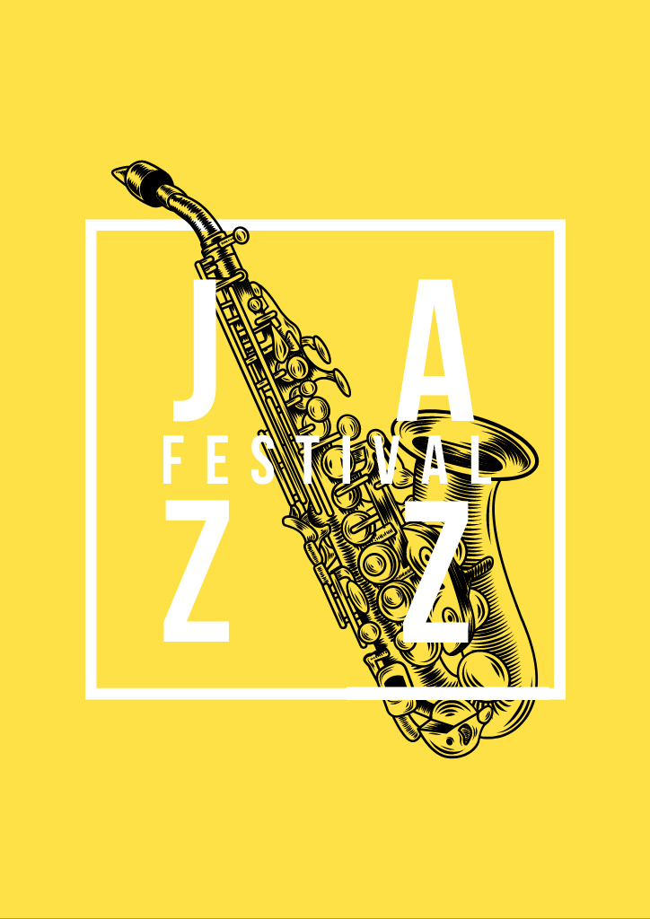 Jazz Festival Announcement with Saxophone on Yellow Flyer A4 tervezősablon