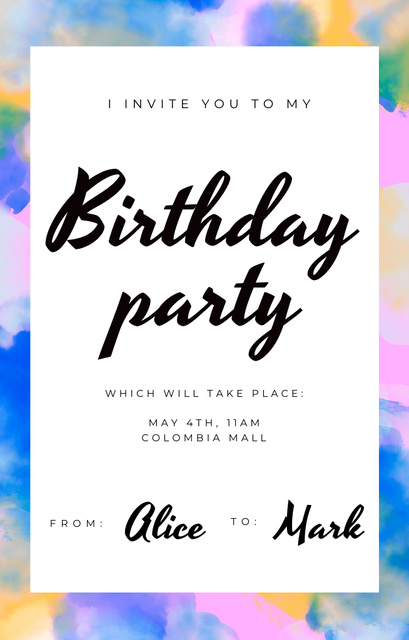 Birthday Party Announcement With Bright Watercolor Pattern Invitation 4.6x7.2in Modelo de Design