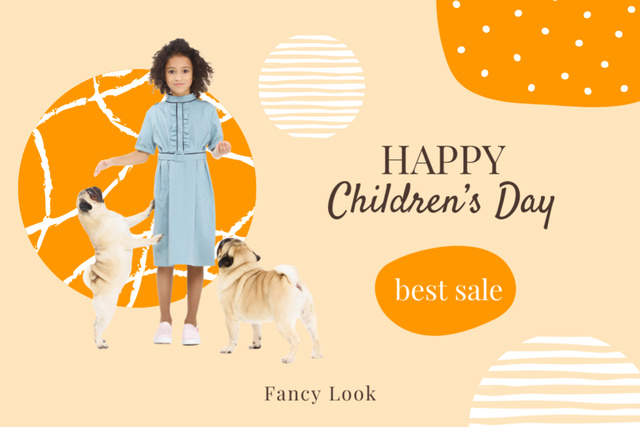 Children's Day Offer with Cute Girl with Little Dogs Postcard 4x6in Design Template