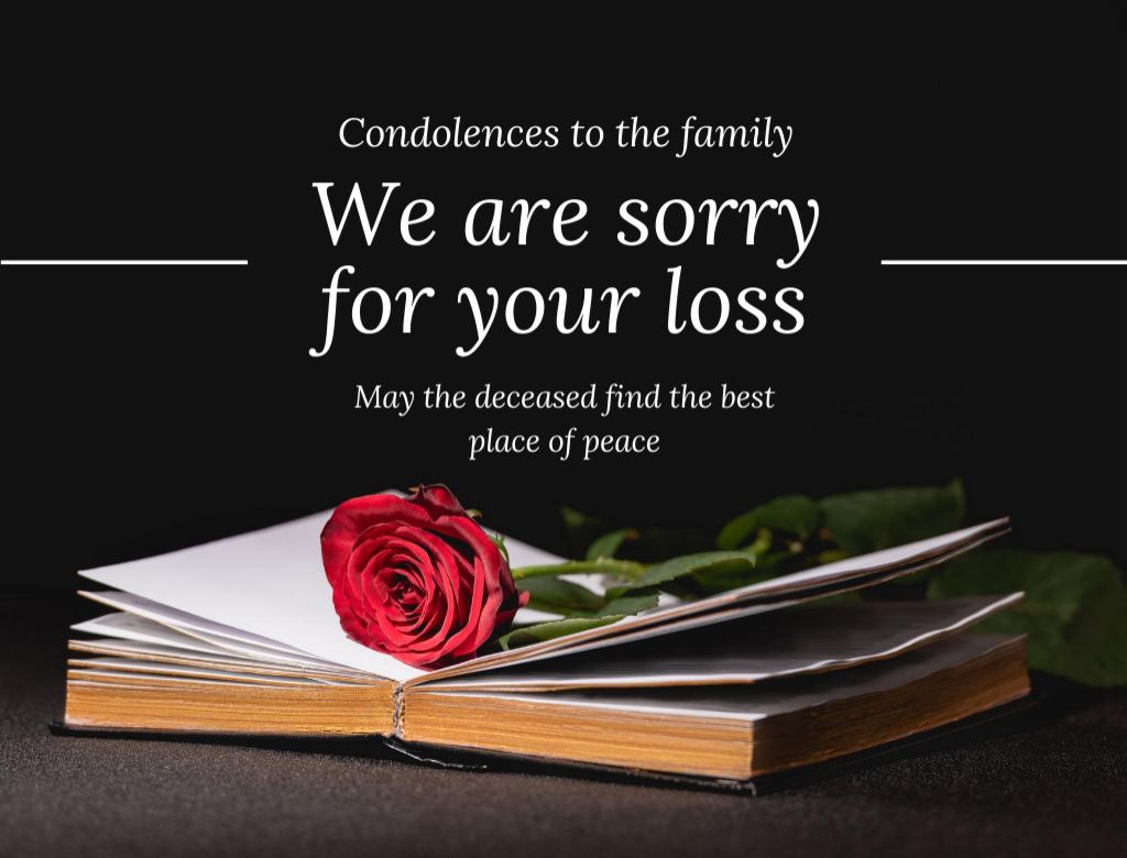Template di design Condolences Card with Book and Rose Postcard 4.2x5.5in