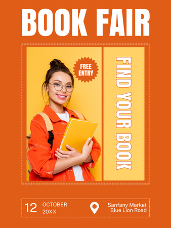 Diák a könyvvásár narancssárga hirdetésén Poster US tervezősablon