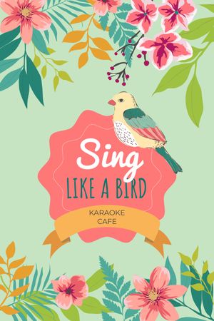 Karaoke Cafe Ad Cute Singing Bird in Flowers Tumblr Design Template