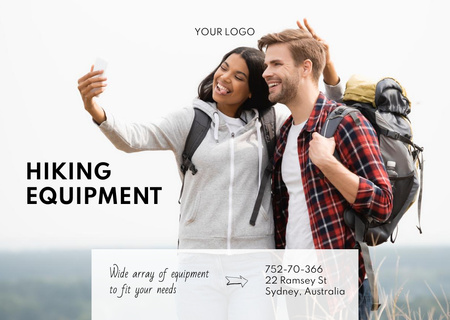 Hiking Equipment Sale Offer With Happy Couple Flyer A6 Horizontal Design Template