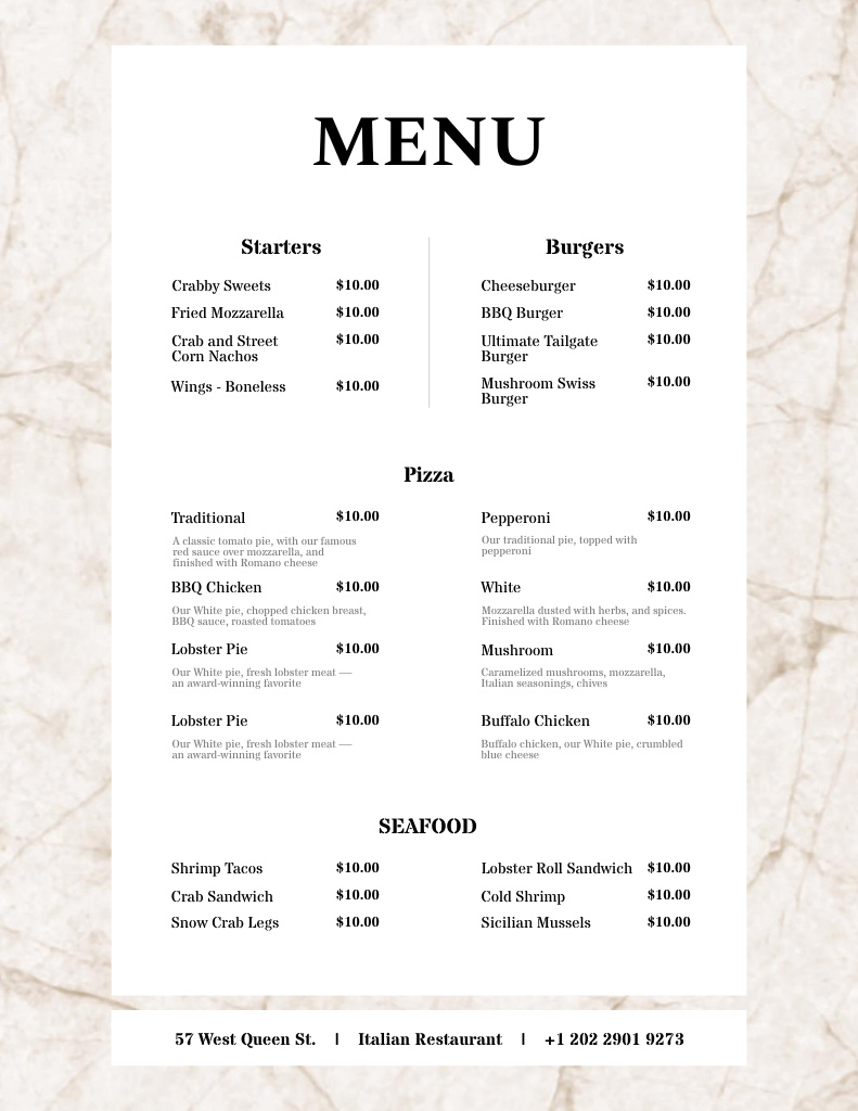 Restaurant Services Offer on Marble Background Menu 8.5x11in Design Template