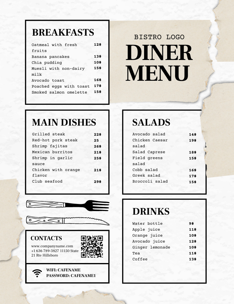 Diner Dishes and Drinks Plain Menu 8.5x11in Šablona návrhu