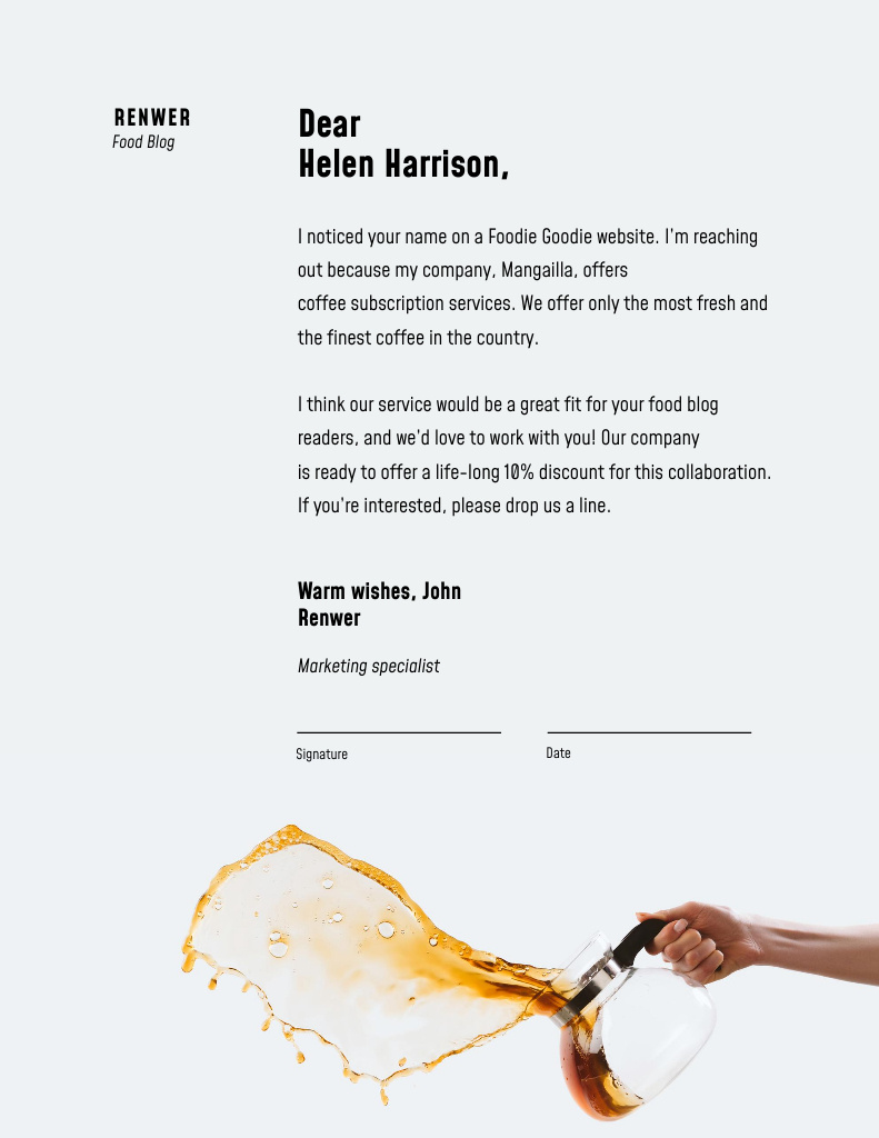 Coffee Subscription Services Offer Letterhead 8.5x11in Design Template