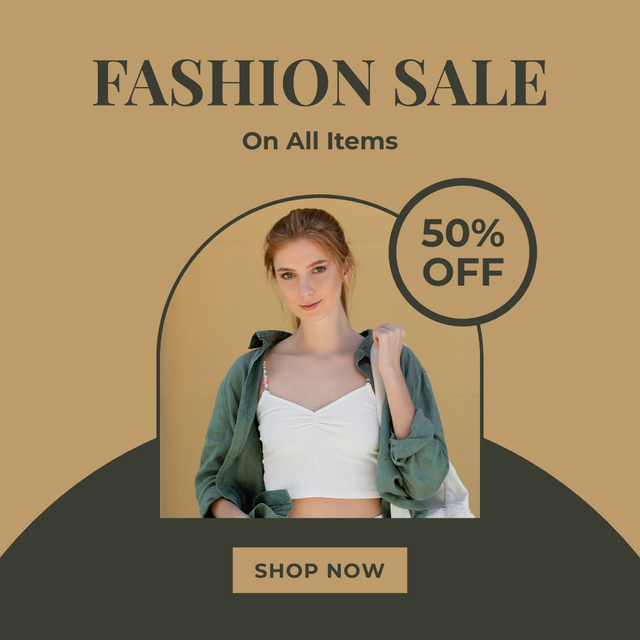 Young Woman in Green Shirt for Fashion Sale Ad Instagram Design Template