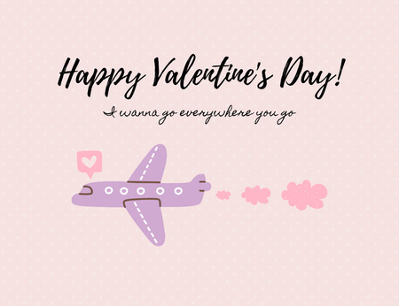 Happy Valentine's Day Greetings with Cute Cartoon Airplane Thank You Card 5.5x4in Horizontal Design Template