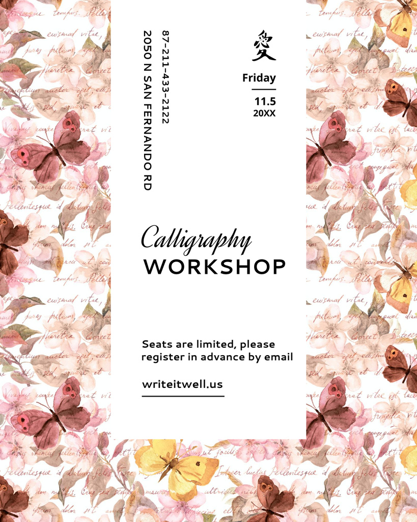 Calligraphy Workshop Announcement with Retro Watercolor Illustration Poster 16x20in – шаблон для дизайна