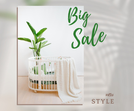 Sale Offer Announcement with Cot in Cozy Nursery Medium Rectangle Design Template