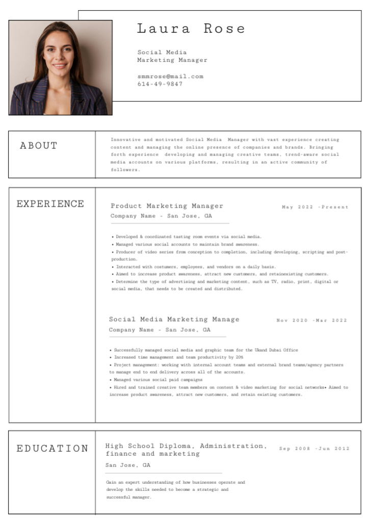Plantilla de diseño de Marketing Manager Skills and Experience Resume 