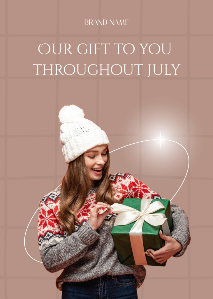 Festive Christmas in July with Young Happy Woman Holding Present Flayer Tasarım Şablonu