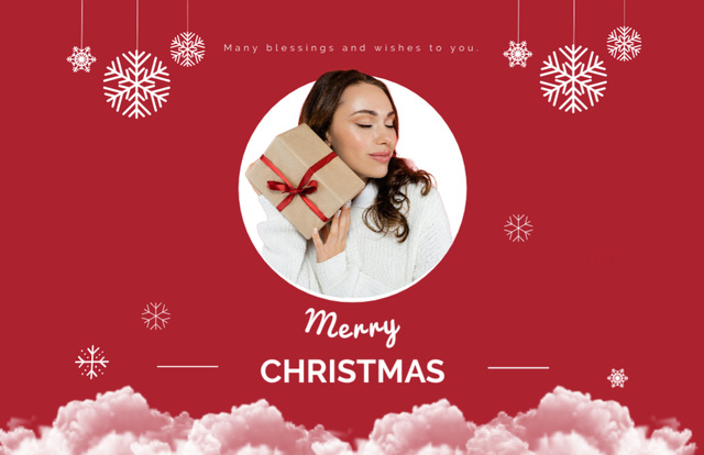 Merry Christmas Wishes in Red with Woman holding Gift Thank You Card 5.5x8.5in Design Template