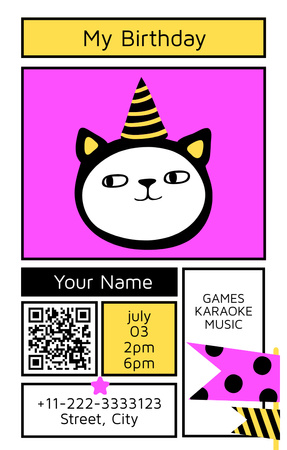 Birthday with Cute Cat Invitation 4.6x7.2in Design Template