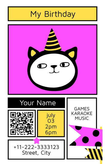 Birthday with Cute Cat Invitation 4.6x7.2in Πρότυπο σχεδίασης