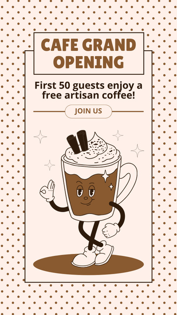 Ontwerpsjabloon van Instagram Story van Cafe Opening With Coffee Character Ad