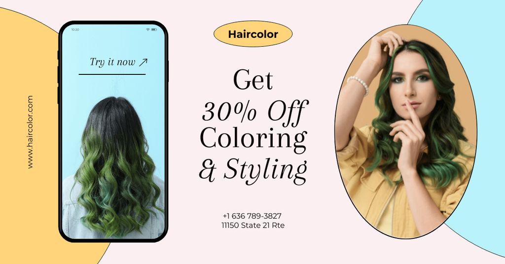 Hair Salon Services Offer with Woman on Phone Screen Facebook AD Modelo de Design