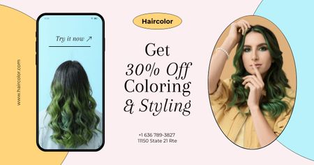 Hair Salon Services Offer with Woman on Phone Screen Facebook AD Design Template
