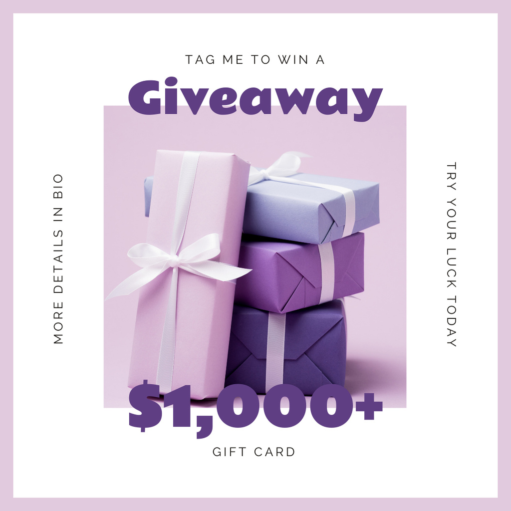 Gift Card Ad with Purple Gift Boxes Instagram Tasarım Şablonu