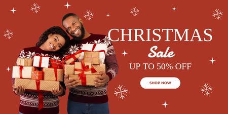 African American Couple on Christmas Sale Red Twitter Design Template