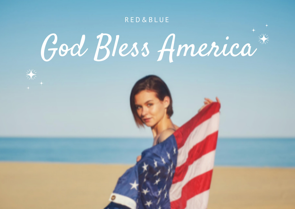 USA Independence Day Celebration Announcement with Woman on Beach Postcard Design Template
