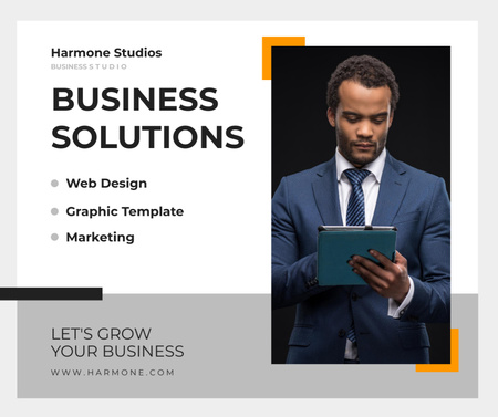 Young African American Businessman with Tablet Facebook Design Template