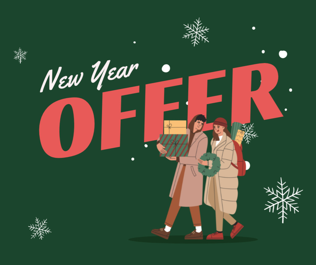 New Year Offer Man with Gifts Facebook Design Template