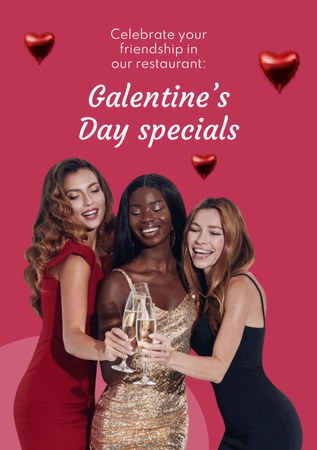 Happy Smiling Women Celebrating Galentine's Day Postcard A5 Vertical Design Template