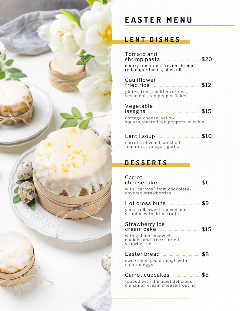 Festive Easter Desserts and Eggs on Table Menu 8.5x11inデザインテンプレート