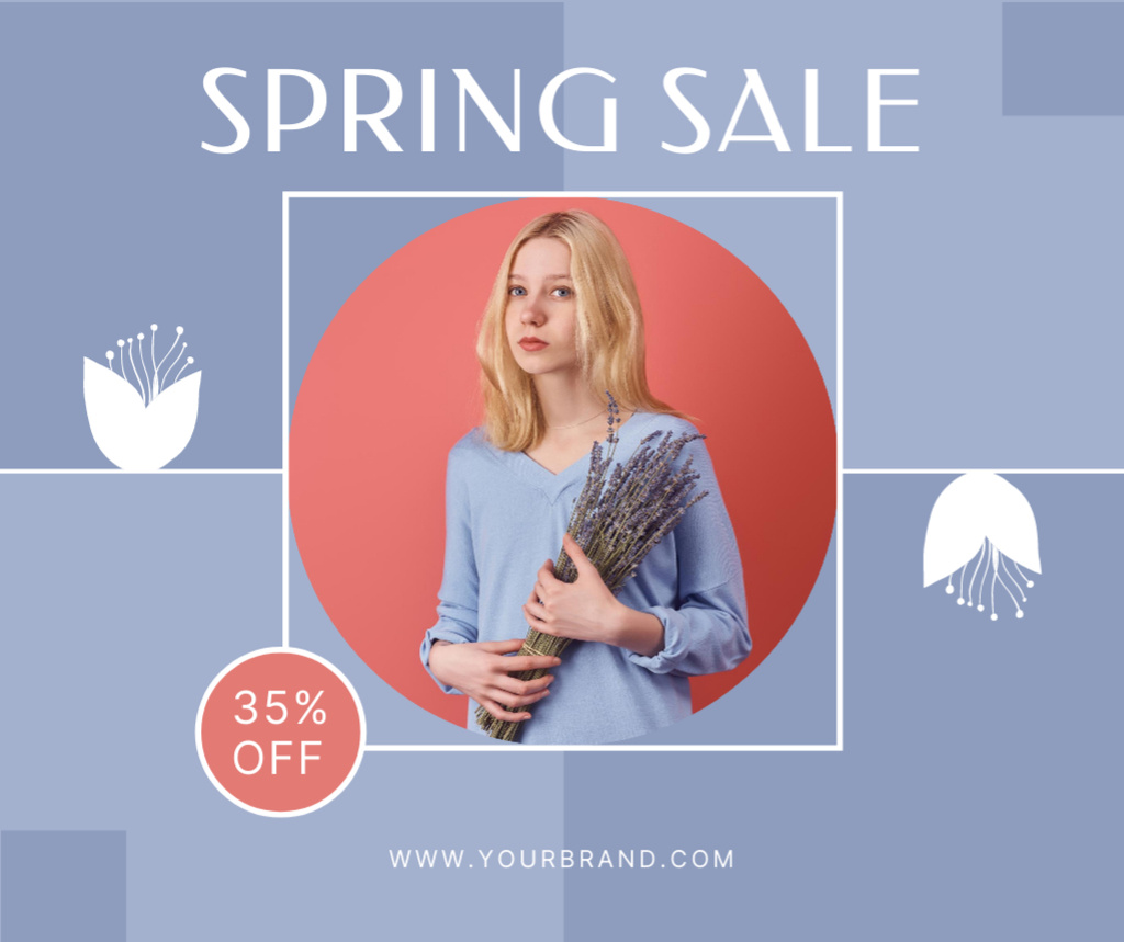 Ontwerpsjabloon van Facebook van Spring Sale with Blonde Woman with Lavender Bouquet