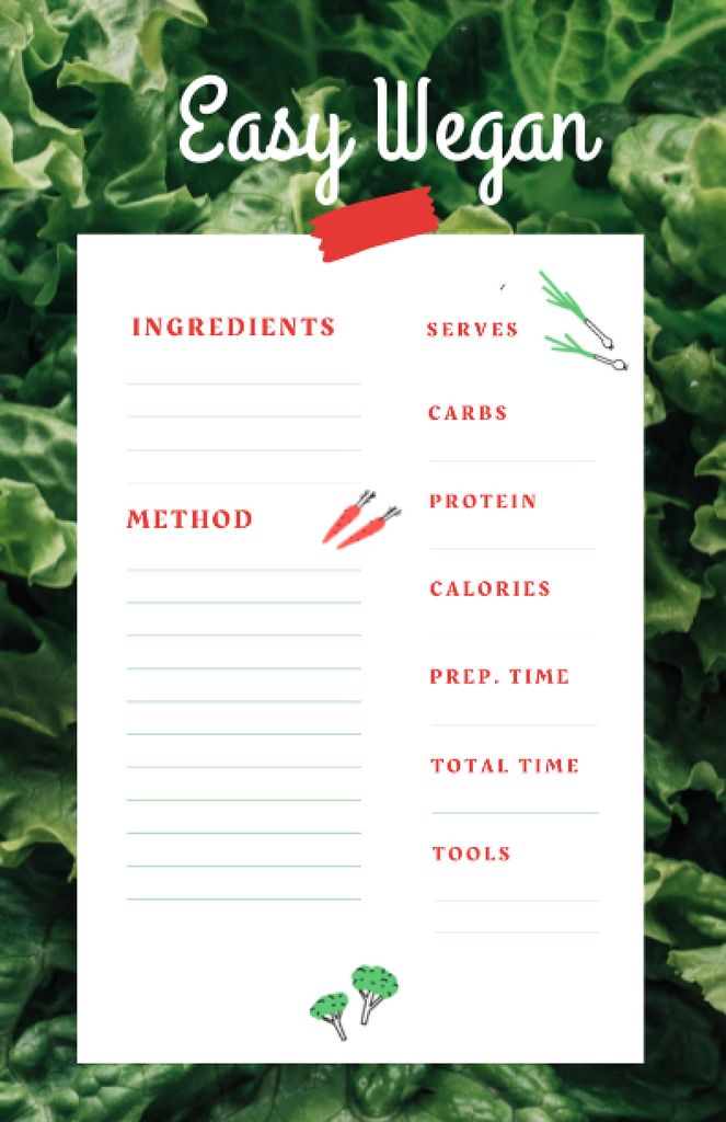 Vegan Cooking Ad with Fresh Salad Leaves Recipe Card Design Template