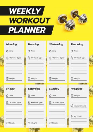 Planejador de treino semanal com halteres em amarelo Schedule Planner Modelo de Design