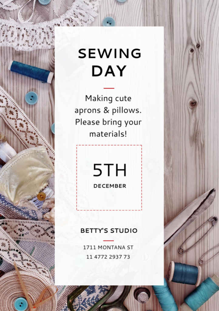 Ontwerpsjabloon van Flyer A7 van Sewing Day Event Announcement with Threads and Ribbons