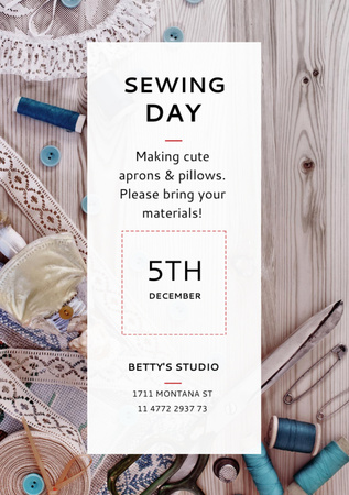 Sewing Day Event Announcement with Threads and Ribbons Flyer A7 Design Template
