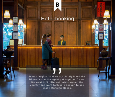 Designvorlage Travel Offer with Tourists in Hotel für Facebook
