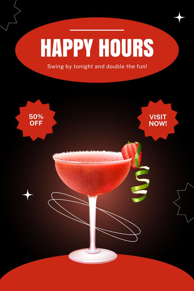 Designvorlage Happy Hour Ad at Strawberry Cocktail Bar für Pinterest