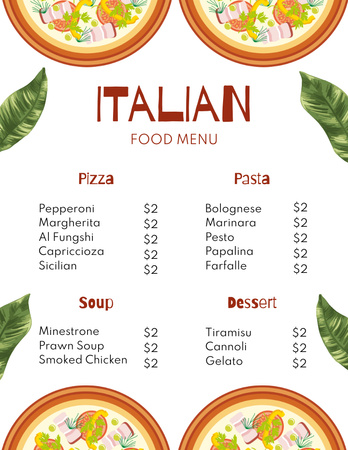 Ceník různých italských jídel na bílé Menu 8.5x11in Šablona návrhu