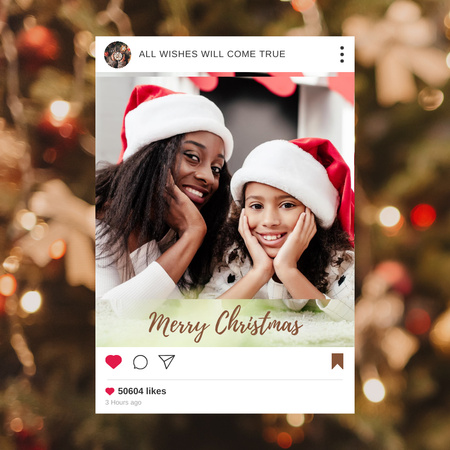 Christmas Greeting with Cute Black Mom and Daughter Instagram Design Template