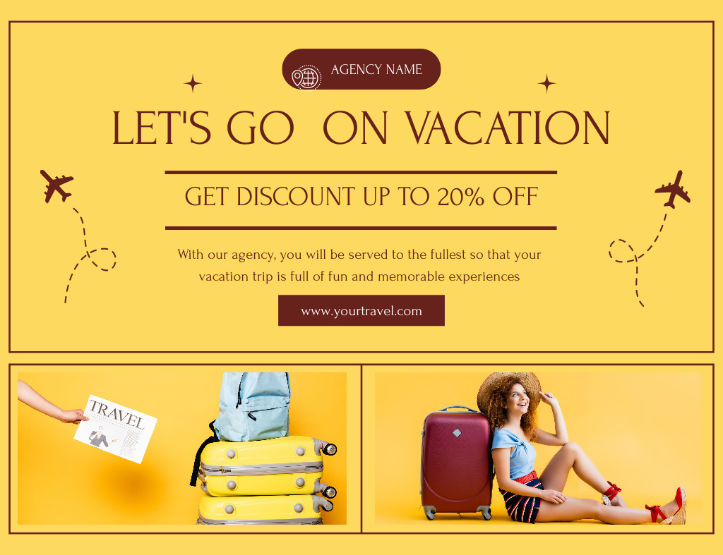 Promo of Vacation from Travel Agency on Yellow Thank You Card 5.5x4in Horizontal Modelo de Design