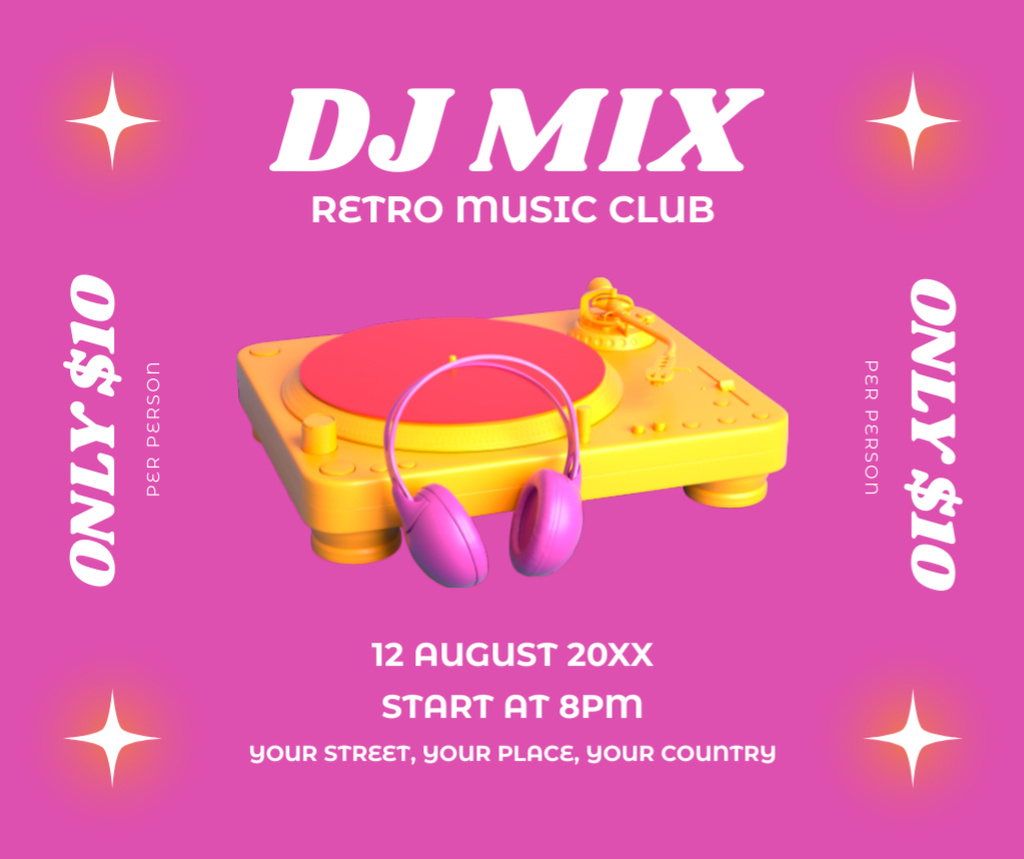 DJ Mix Retro Music For Club With Vinyl Record Facebook Design Template