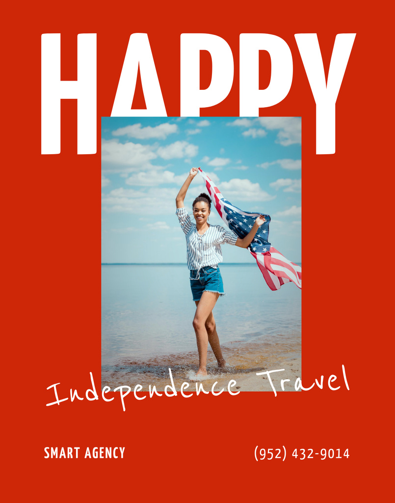 USA Independence Day Tours Offer with Woman on Beach Poster 22x28in – шаблон для дизайна