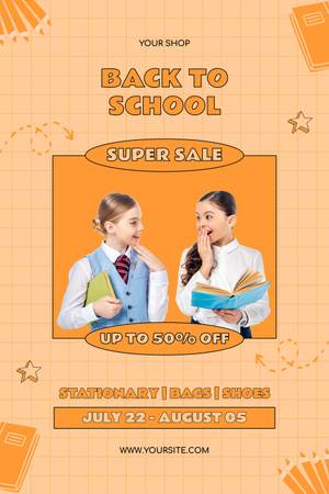 Designvorlage Super-Sale-Ankündigung mit Schulmädchen in Uniform für Pinterest